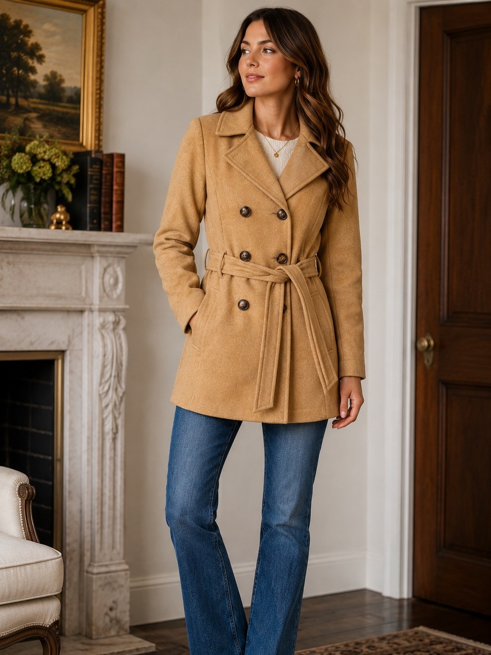 Me Jane Camel Belted Peacoat Jacket XS Double Breasted Wool Blend Classic